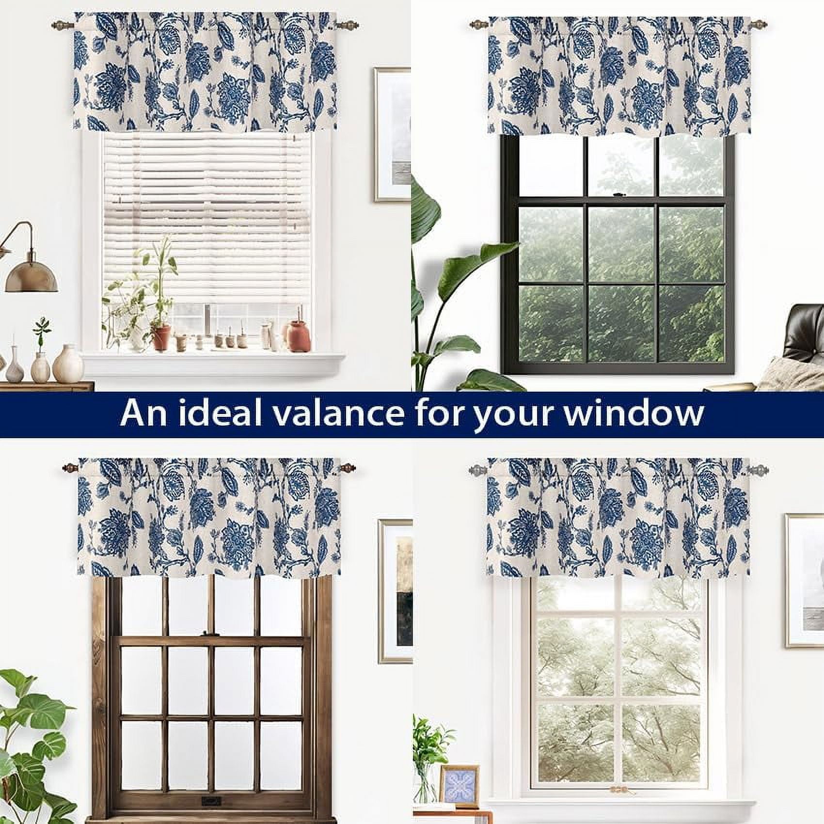 DriftAway Freda Jacobean Floral Linen Blend Blackout Thermal Insulated Energy Saving Privacy Window Curtain Valance Rod Pocket 2 Layers Single 50 Inch by 18 Inch plus 2 Inch Header Navy Beige