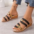 thumbnail image 5 of Rokment Glitter Metallic Wedges Dress Sandals for Women Vintage Gold Color Block Leather Linen Sole Open Toe Mid Heels Slip on Casual Summer Beach Slides Shoes Black Size 6, 5 of 8