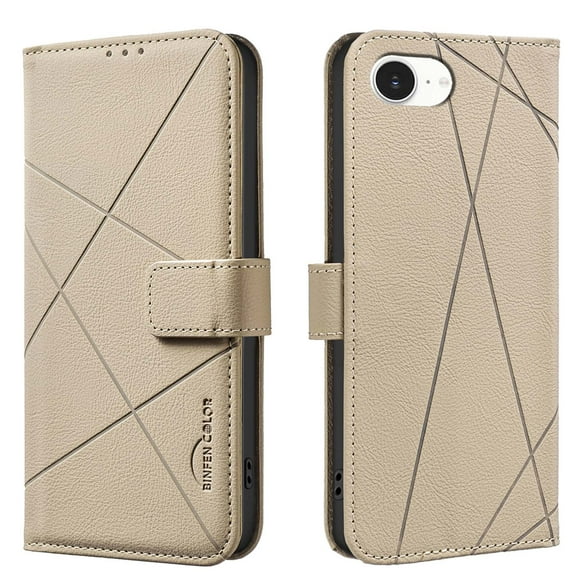 Designed for iPhone 16e Wallet Phone Case,Premium Line Embossing PU Leather Magnetic Flip Folio Case with RFID Blocking Credit Card Slots,With Kickstand,Shockproof Phone Case,Beige