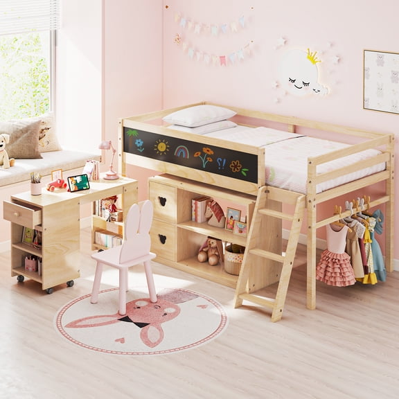 Joywind Wood Twin Size Low Loft Bed with Storage and Desk for Kids Teens, Natural