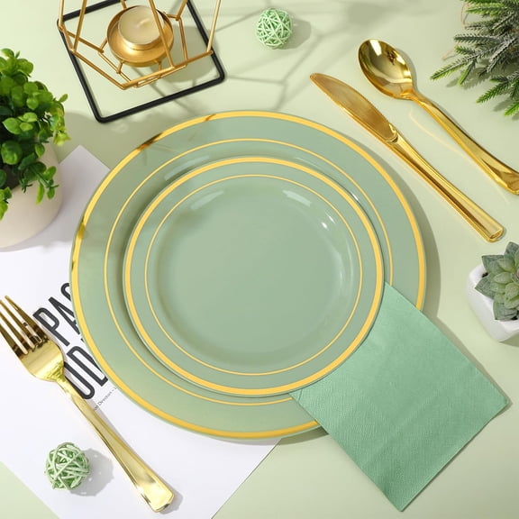 150Pcs  Green Plastic Party Supplies for 25 Guests Gold Foil Disposable Dinnerware Set
