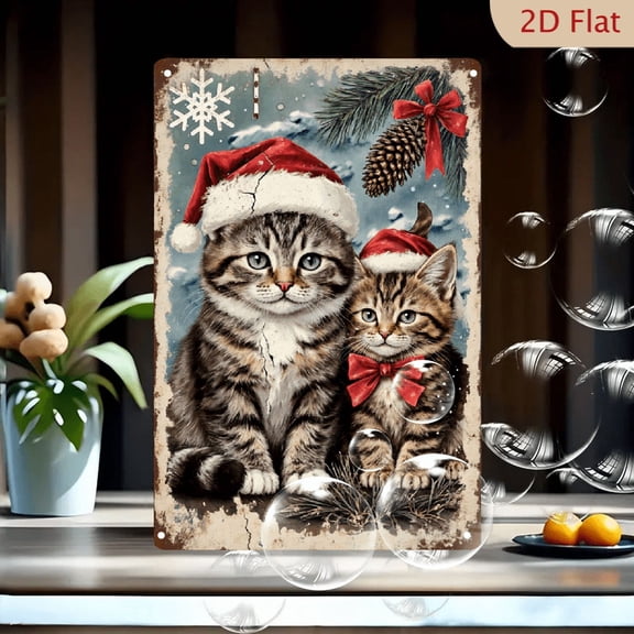 1pc Metal Wall Art, 8x12 Inches, Vintage Distressed Tabby Kittens Christmas Decor, Red Santa Hats Blue Eyes Snowy Winter Pine Branch Pine Cone Candy