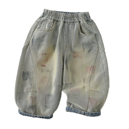 MEZZALL Child Pants Boys Distressed Blue Solid Color Denim Pants Straight Leg Loose Fit Wide Leg Jeans Kids Toddlers Casual Long Summer Trousers Classic Bottoms