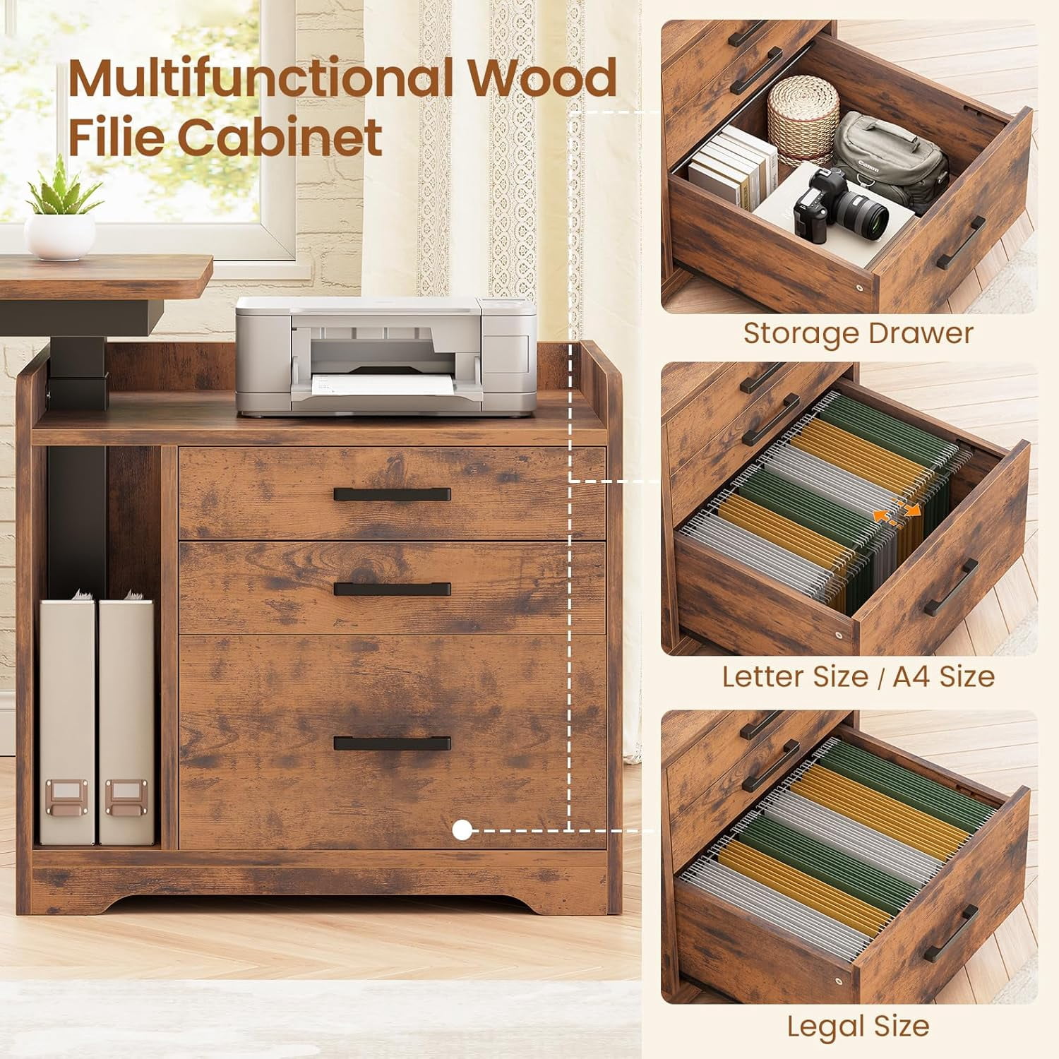 SEDETA Electric Standing Desk with Storage, L Shaped Desk with Drawers & Power Outlets, Home Office Desk with File Drawer, Keyboard Tray and Storage Bag, 63" × 53" Large Stand Up Desk, Rustic Brown