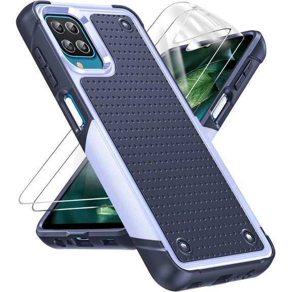 for Samsung A12 Phone Case, Galaxy A12 Case with [2 Pack] Screen Protectors, Shockproof Heavy Duty Dual Layer Protective Hard PC Textured Back & Soft Bumper Case for Samsung A12, Purple