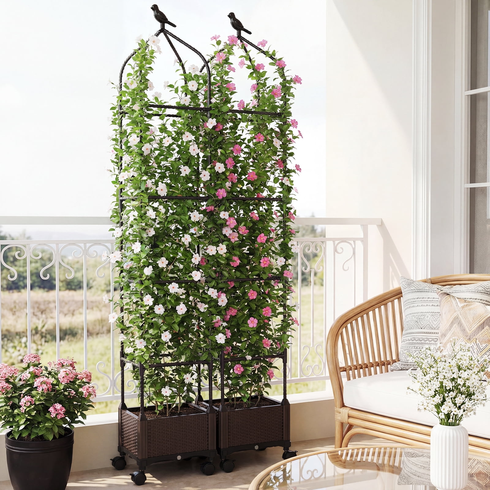 Costway 1 PCS Raised Garden Bed Tomato Cage Planter Box with PE-Coated Metal Trelli Wheels