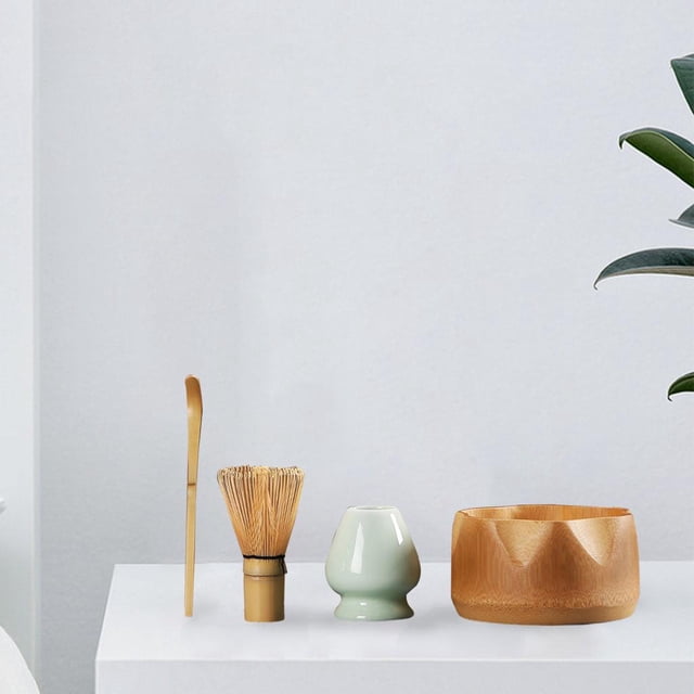 Juego de 4 es de té para el hogar, herramienta para hacer té, cepillo Matcha, accesorio de Matcha e cocina, sala de estar Cuenco de bambú Macarena Soporte de batidor Matcha