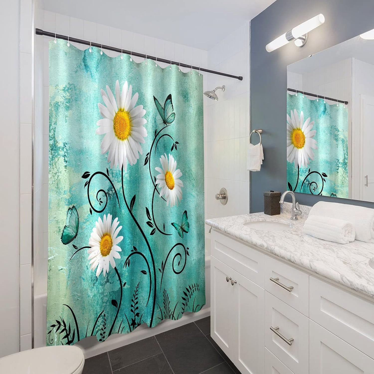 Rustic Farmhouse Shower Curtain White Daisy Floral Turquoise Waterproof Fabric Shower Curtains for Bathroom Flower Teal Butterfly Bath Curtain Decor with Hooks (Dark Teal, 72'''' x 72'''')