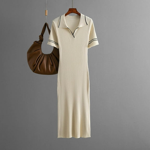 Taylonsss Womens Casual Short Sleeve Dress Solid Knit Turn-Down Collar Casual Style