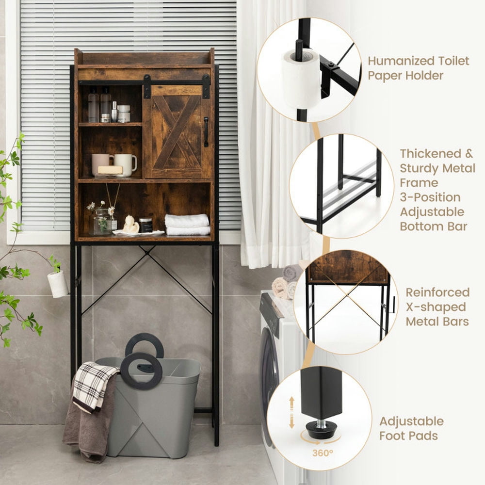 Finihen Toilet Storage Cabinet, Bathroom Cabinet Organizer, 4-Tier Multifunctional Toilet Sorage Cabinet with Adjustable Shelf and Sliding Barn Door, for Bathroom, Rustic Brown