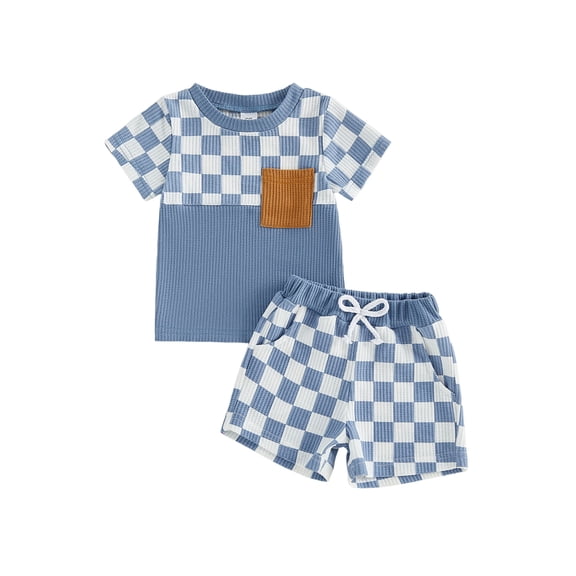 AceBaby Toddler Baby Boys Summer Waffle Outfits 3M-5Y Checkerboard Print 2Pcs Short Clothes Set