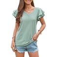thumbnail image 5 of Women T Shirt Short Ruffle Sleeves Double Layers V Neck Hollow Up Holes Summer Casual Top Green XL, 5 of 7