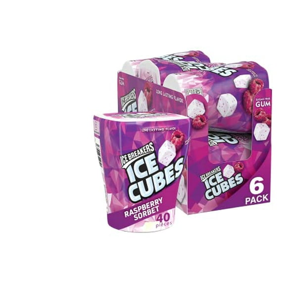 ICE BREAKERS Ice Cubes Raspberry Sorbet Sugar Free Chewing Gum Bottles, 3.24 oz (6 Count, 40 Pieces)