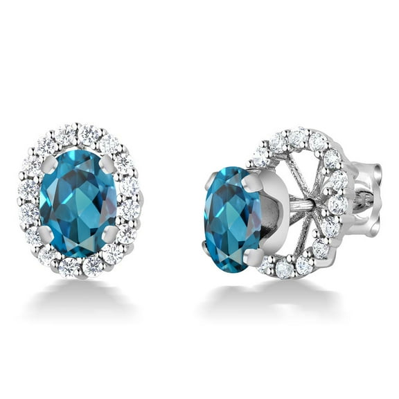Gem Stone King 925 Sterling Silver Oval London Blue Topaz Removable Jacket Stud Earrings for Women