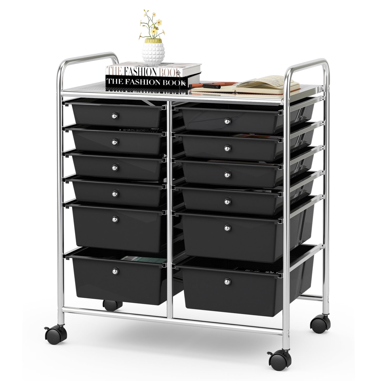Furnibear 12-Drawer Rolling Storage Cart Removable Drawer Organizer with Locking Wheels for Office and Salon, Black