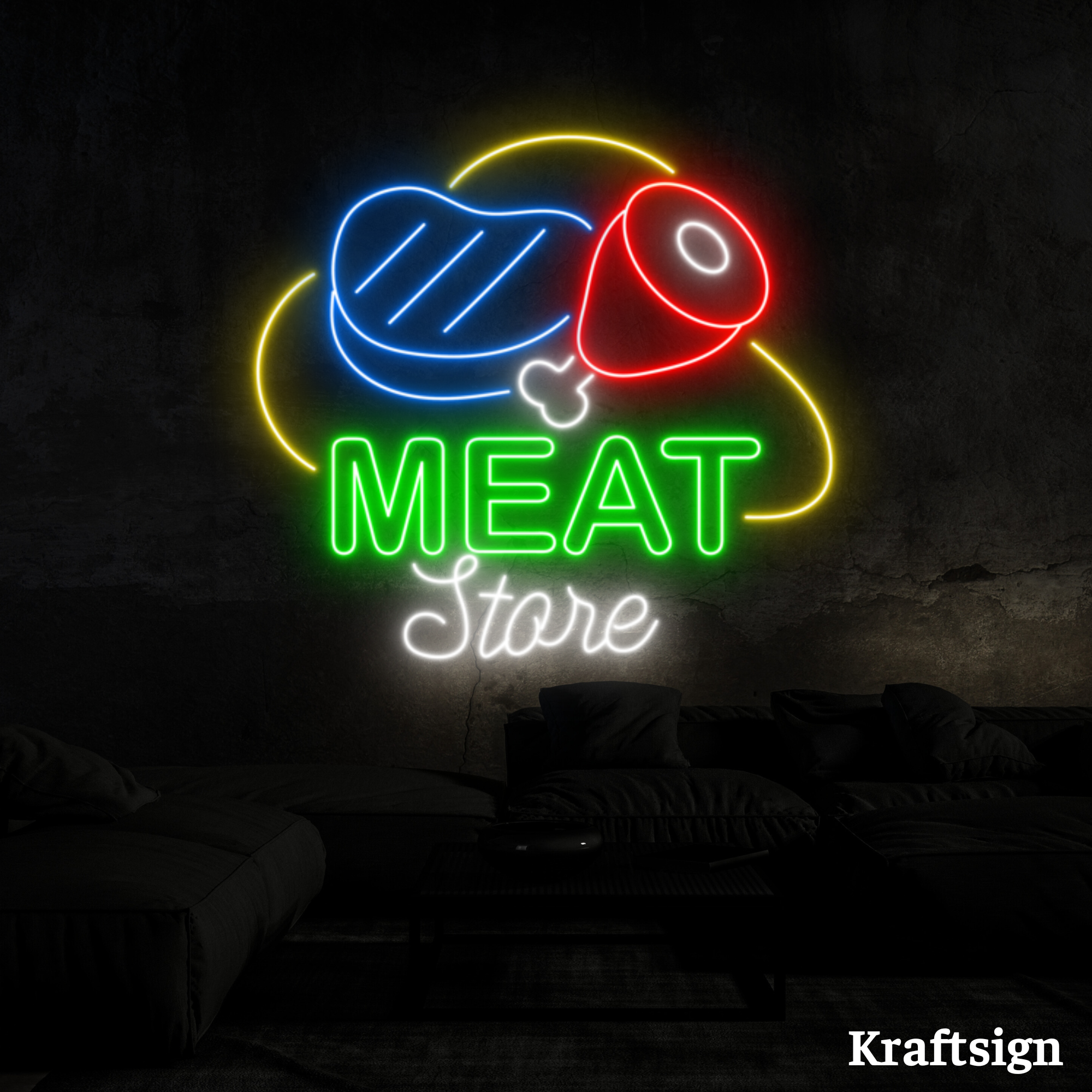 Craftnamesign Meat Store Neon Sign, Meat Shop LED Sign, Meat Wall Art