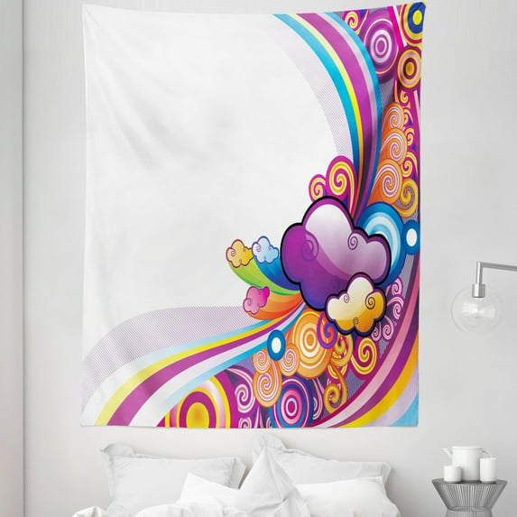 Cartoon Tapestry, Theme Rainbows Colored Clouds Lines Rounds Suns Print Image Print, Fabric Wall Hanging Decor for Bedroom Living Room Dorm, 5 Sizes, Multicolor, by Ambesonne