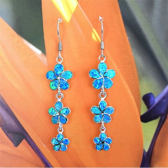 Gorgeous Hawaiian X-Large Plumeria Earring, Past Present & Future, Sterling Silver Blue Opal 3 Plumeria Dangle Earring, E9290 Statement PC