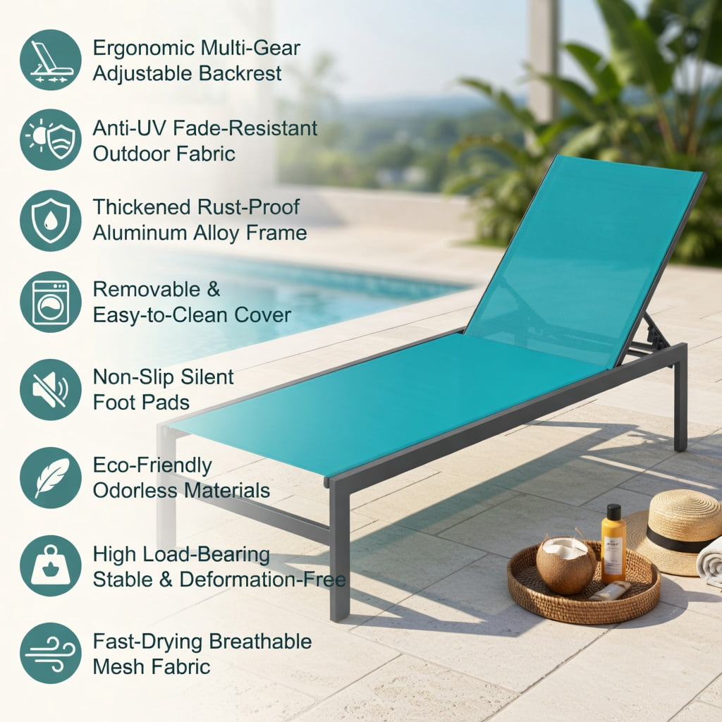 Hommoo 6-Position Adjustable Aluminum Chaise Lounge Chair, Rustproof, Lightweight, Outdoor Recliner for Patio, Poolside & Backyard, Turquoise
