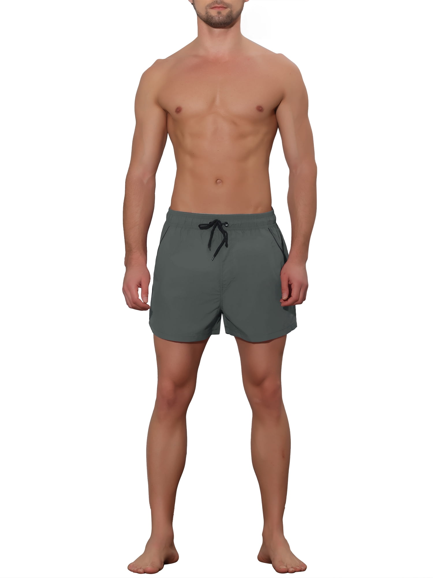 Unique Bargains Men's Vacation Solid Color Drawstring Elastic Waist Swim Short Grey 30