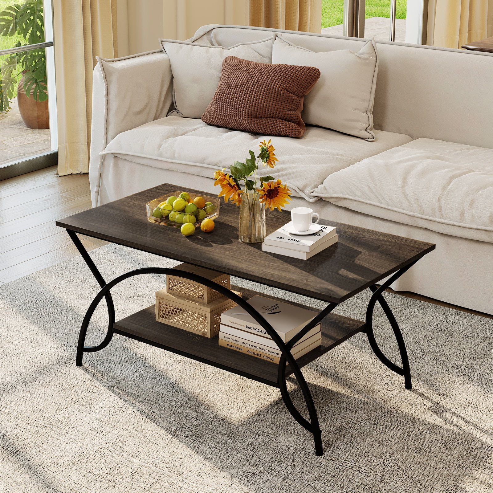 Costway 2-Tier Industrial Coffee Table Rectangular Cocktail Table with Storage Shelf Gray Oak