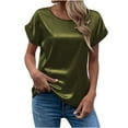 thumbnail image 2 of JWZUY Women's Elegant Round Neck Classic Short Sleeve Satin Silk Blouse Tops Army Green M, 2 of 6