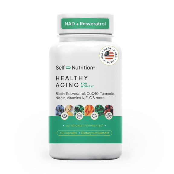 Self Nutrition Healthy Aging Supplement for Women with NAD  Booster, Resveratrol, Hyaluronic Acid & More -  Promotes Beauty with 12 Ingredients.