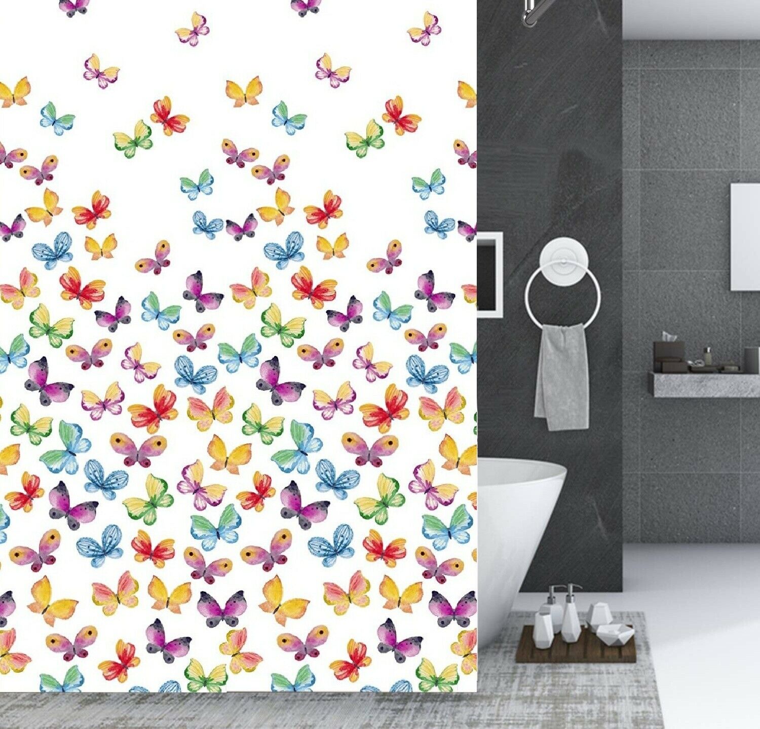 13 Pieces Shower Curtain Butterfly Mix Sheer Fabric Print Design 70" X