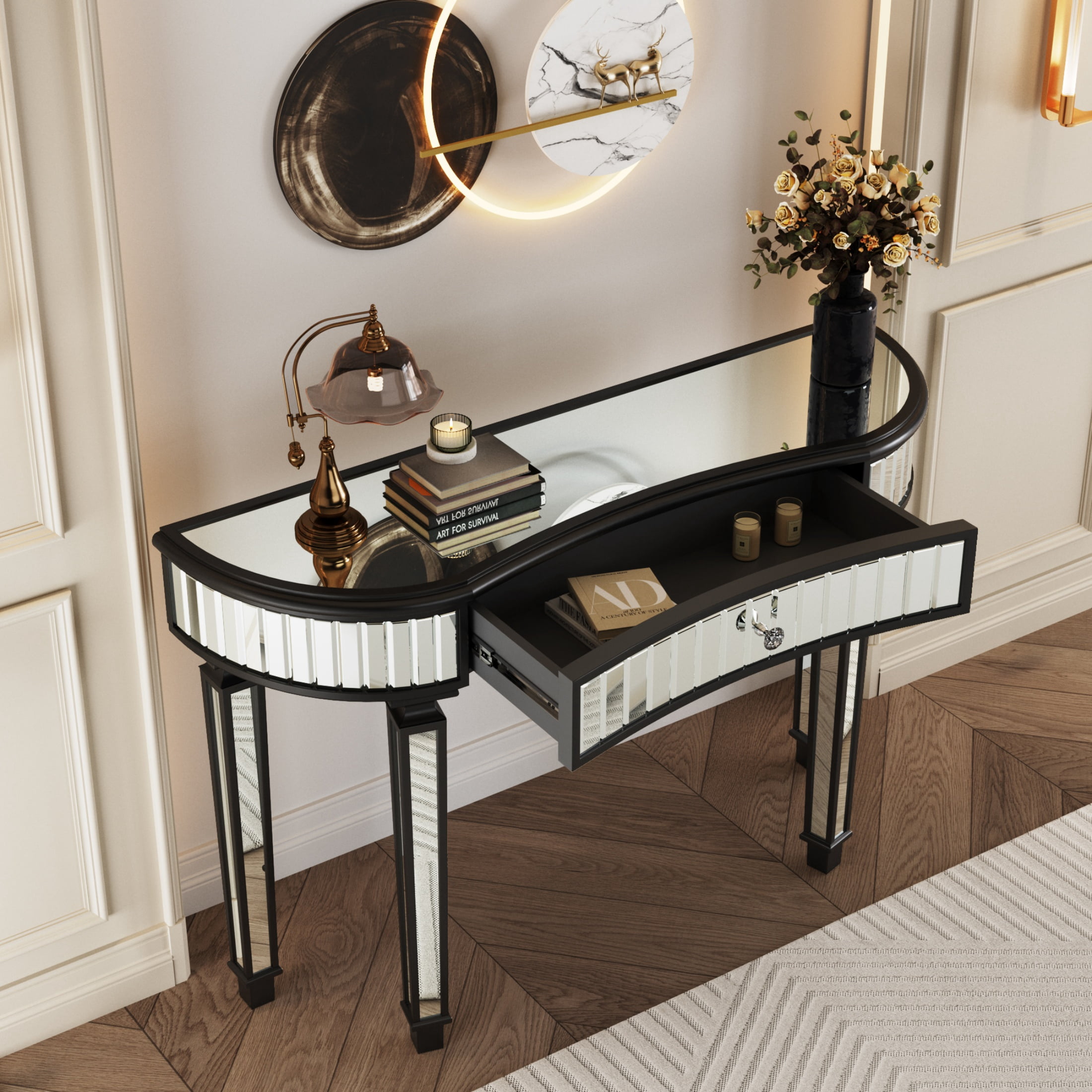 Atumcto 47" Black Mirrored Console Table with Drawer, Modern Glam Entryway Table for Hallway, Narrow Sofa Table for Living Room