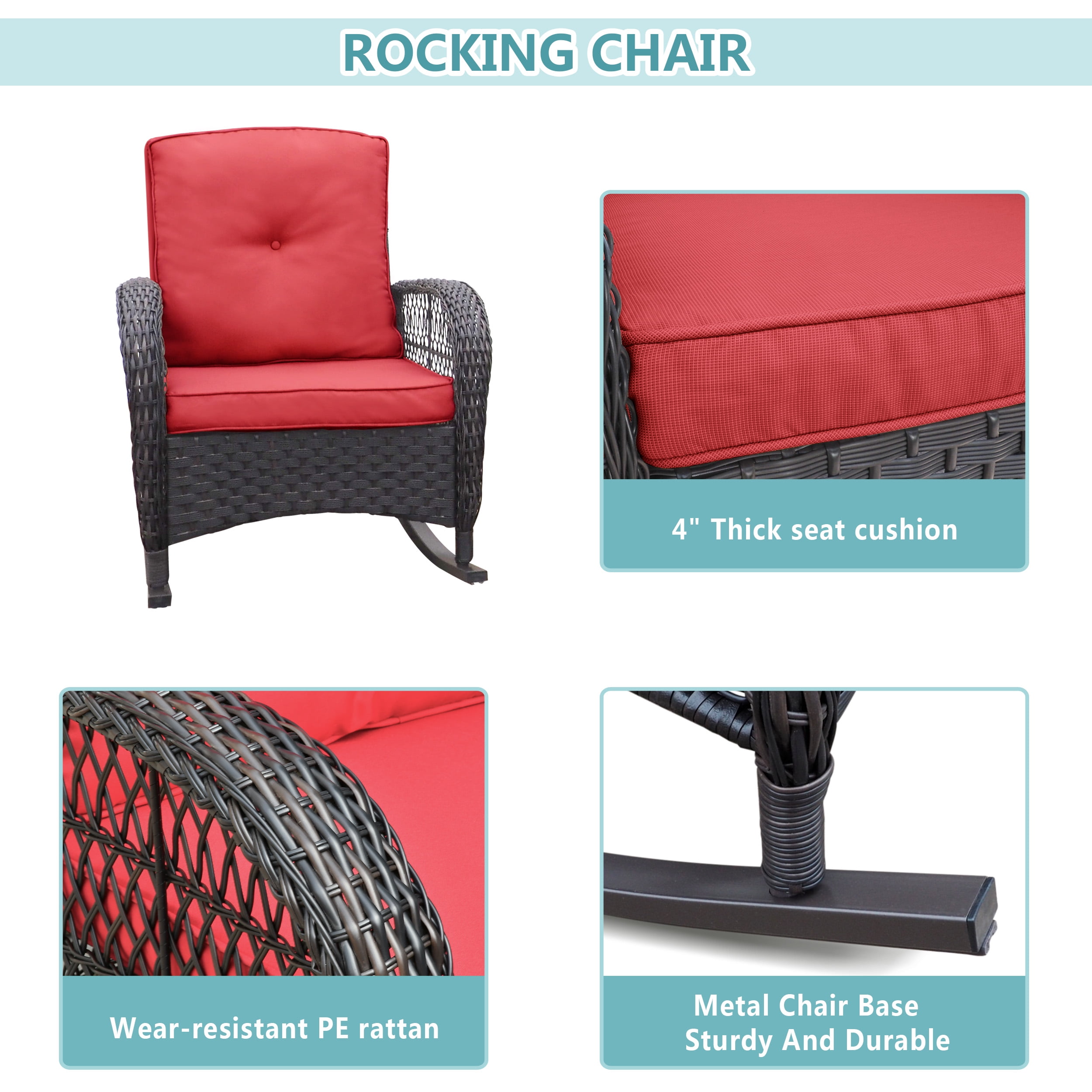 ATR ART to REAL 3 Pcs Outdoor Wicker Rocking Furniture Sets,Rattan Rocker Chair Sets with Table for Porch, Red