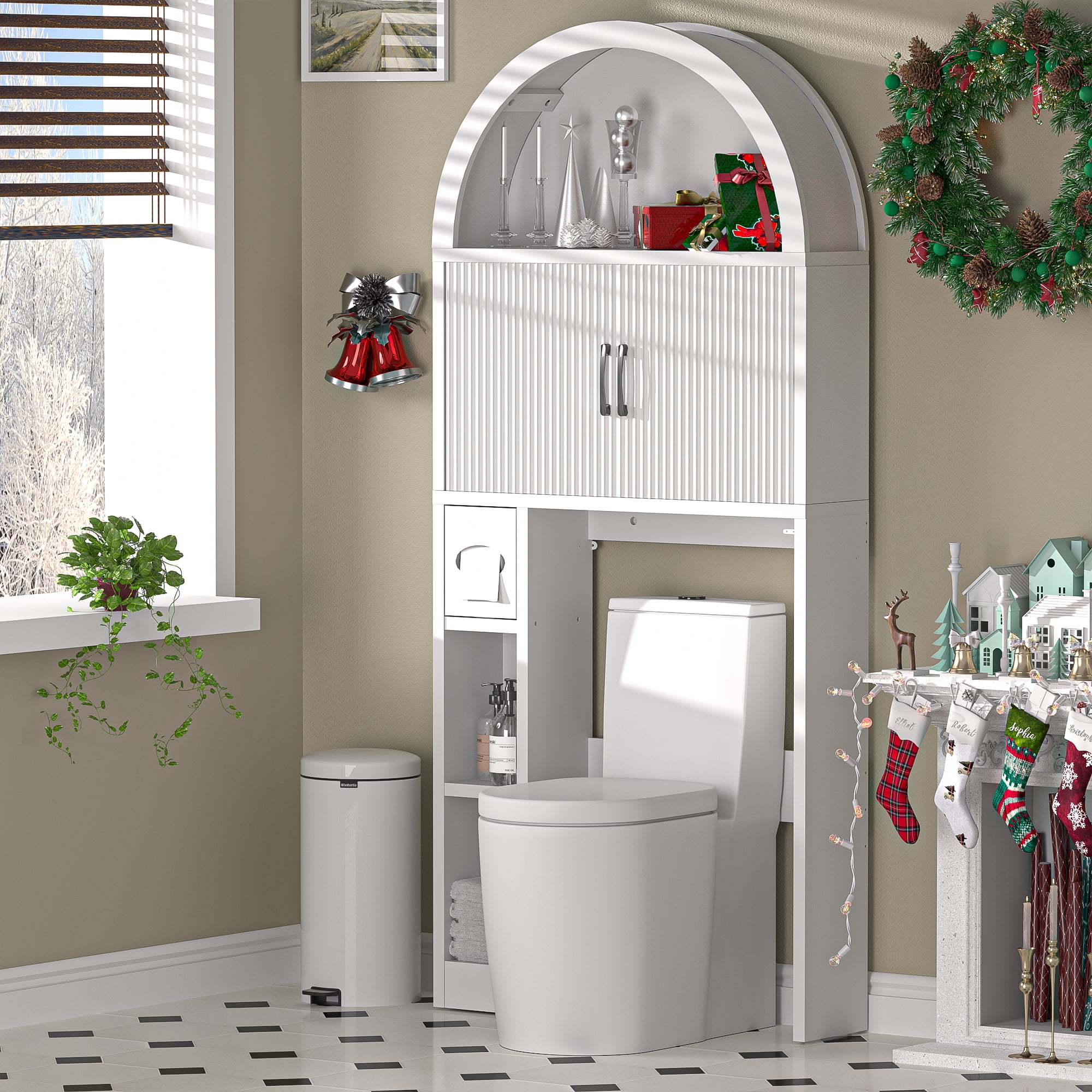 HARIPUL Over The Toilet Storage Cabinet w/ Unique Wood Grain & Arc Design, Freestanding Bathroom Shelf Organizer Space Saver w/ Doors & Anti-Tip Device, White