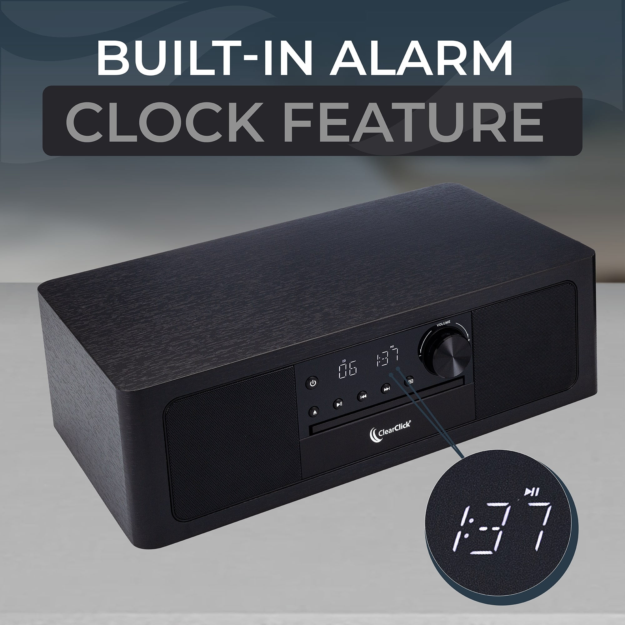 ClearClick Stereo Shelf System with CD Player, Bluetooth, FM Radio, USB Playback, Aux in, Optical in, Alarm Clock, & Remote Control