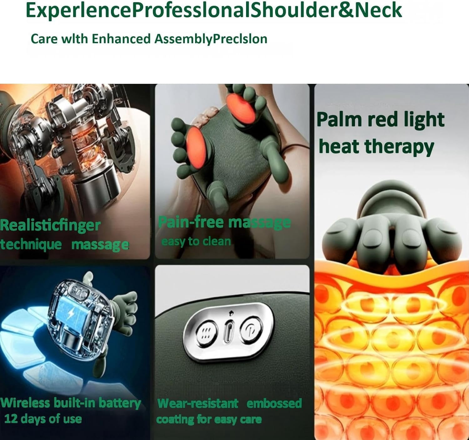 Neck Massager with Heat, 4D Deep Tissue Shiatsu for Pain , Electric Cervical Shoulder Back Muscle Relaxation (Green)