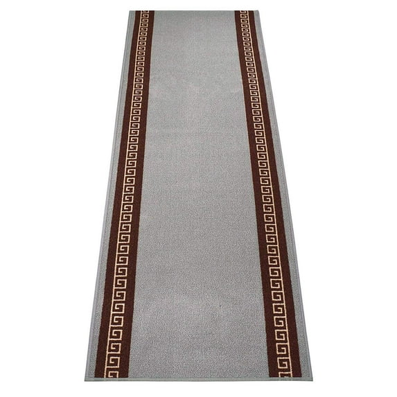 Custom Size Skid Resistant Backing Rug Runner Greek Key Bordered Grey Design Cut to Size Roll Runner Rug By Feet