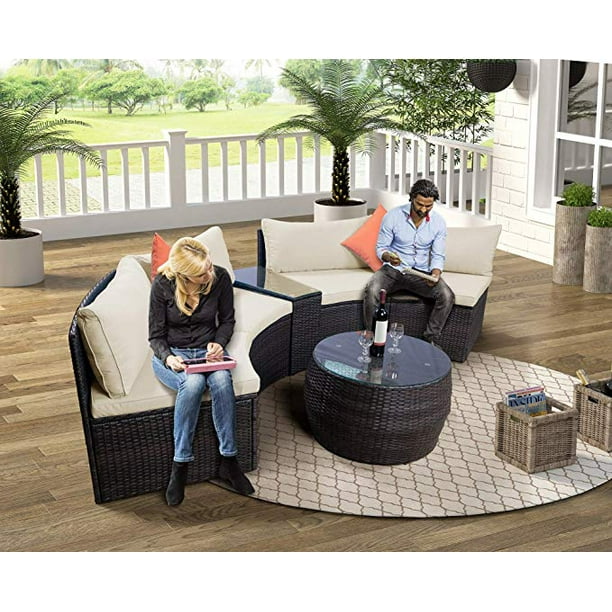 Outdoor Seating Sets 6 Piece Brown Wicker Patio Furniture Set Half Moon Sectional Sofa W Pillow Coffee Table Conversation For Garden Pool Backyard Beige Cushions W7911 Com Brown Wicker Patio Furniture Set, Half Moon Patio Set