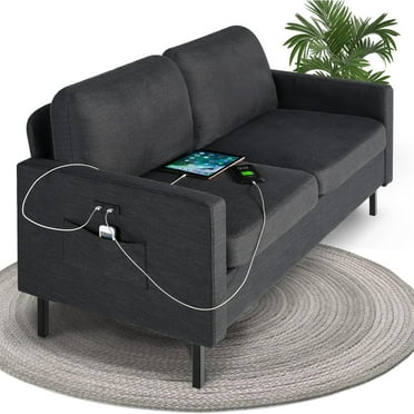 DYJP 56" W Fabric Loveseat Sofa with 2 USB, Small Couches for Living Room, Bedroom, Office, Easy Assembly & Comfy Cushion, Dark Grey