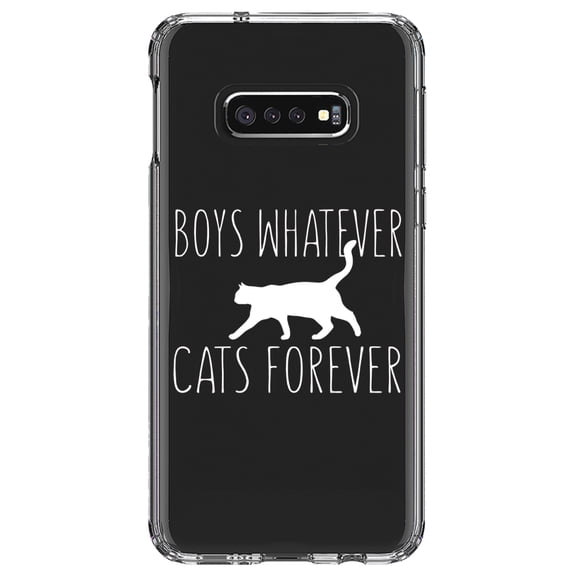 DistinctInk Clear Shockproof Hybrid Case for Samsung Galaxy S10e (5.8" Screen) - TPU Bumper Acrylic Back Tempered Glass Screen Protector - Boys Whatever, Cats Forever