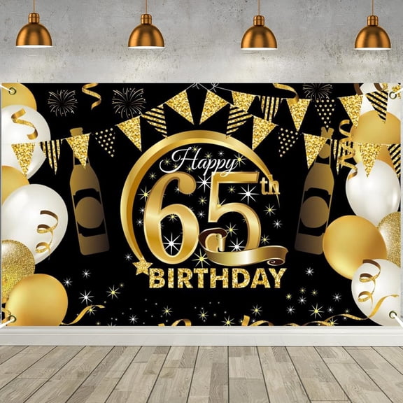 65th Birthday Backdrop Gold and Black 5.9 X 3.6 Fts Happy Birthday Party Decorations Banner for Women Men Photography Supplies Background Happy Birthday Decoration