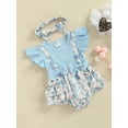 thumbnail image 3 of Franhais Baby Girls Romper and Headband, Fly Sleeves Patchwork Flower Print Jumpsuit for Infant, Blue/ Pink, 3 of 9