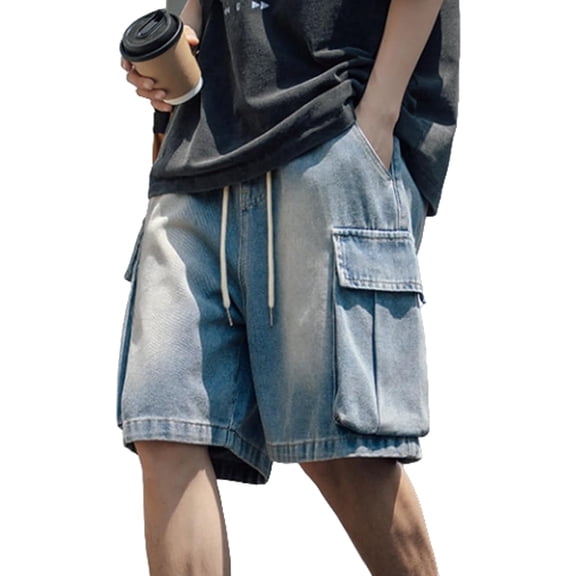Men's Washed Denim Cargo Shorts Drawstring Elastic Waist Multi Pocket Loose Fit Knee Length Casual Jean Shorts