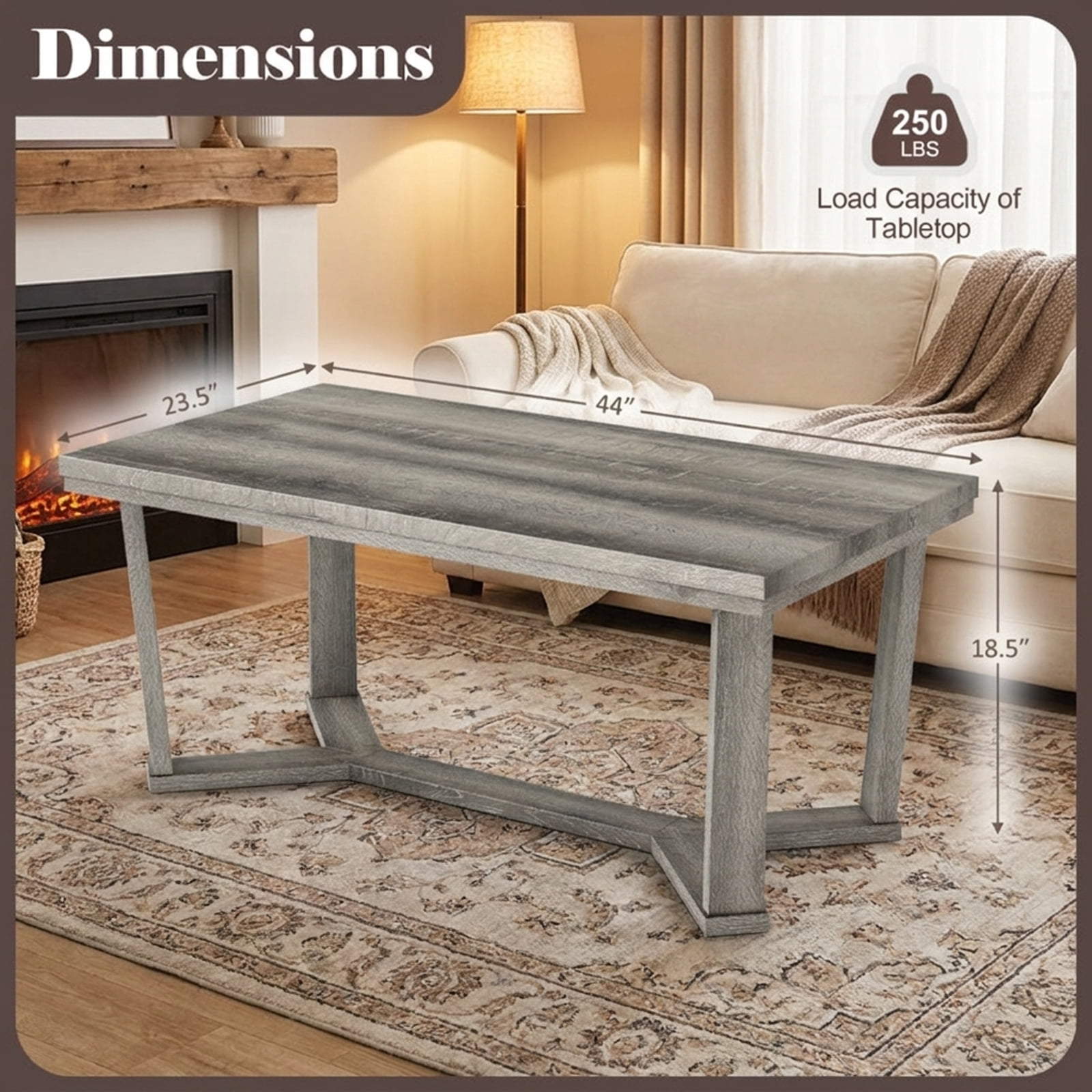 Furnibear Rectangle Coffee Table Rubber Wood Base with Cross-Shaped Base - Gray - Living Room Cocktail Center Table