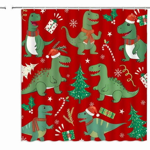 DinoHoliday Shower Curtain - Cute Cartoon Dinosaur with Xmas Hat and Fir Tree for Boys and Girls Bathroom Decor, Polyester with Hooks, Winter Holiday Fun