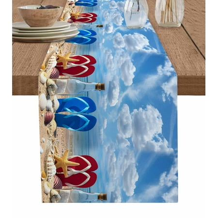 

Table Runner Summer Beach Slippers Drift Bottle Shell Starfish Sky Table Runners Dresser Scarves Holiday Kitchen Dining Table Decoration for Home Party Indoor 13x70 Inch