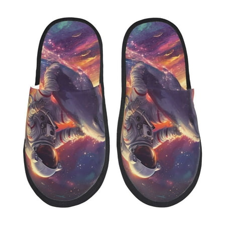 

Fuzoiu Astronaut Dolphin Print Unisex Furry Slippers Plush Indoor Shoes Trendy House Slippers Anti-Skid EVA Sole House Shoes for Home Office and Travel -Large