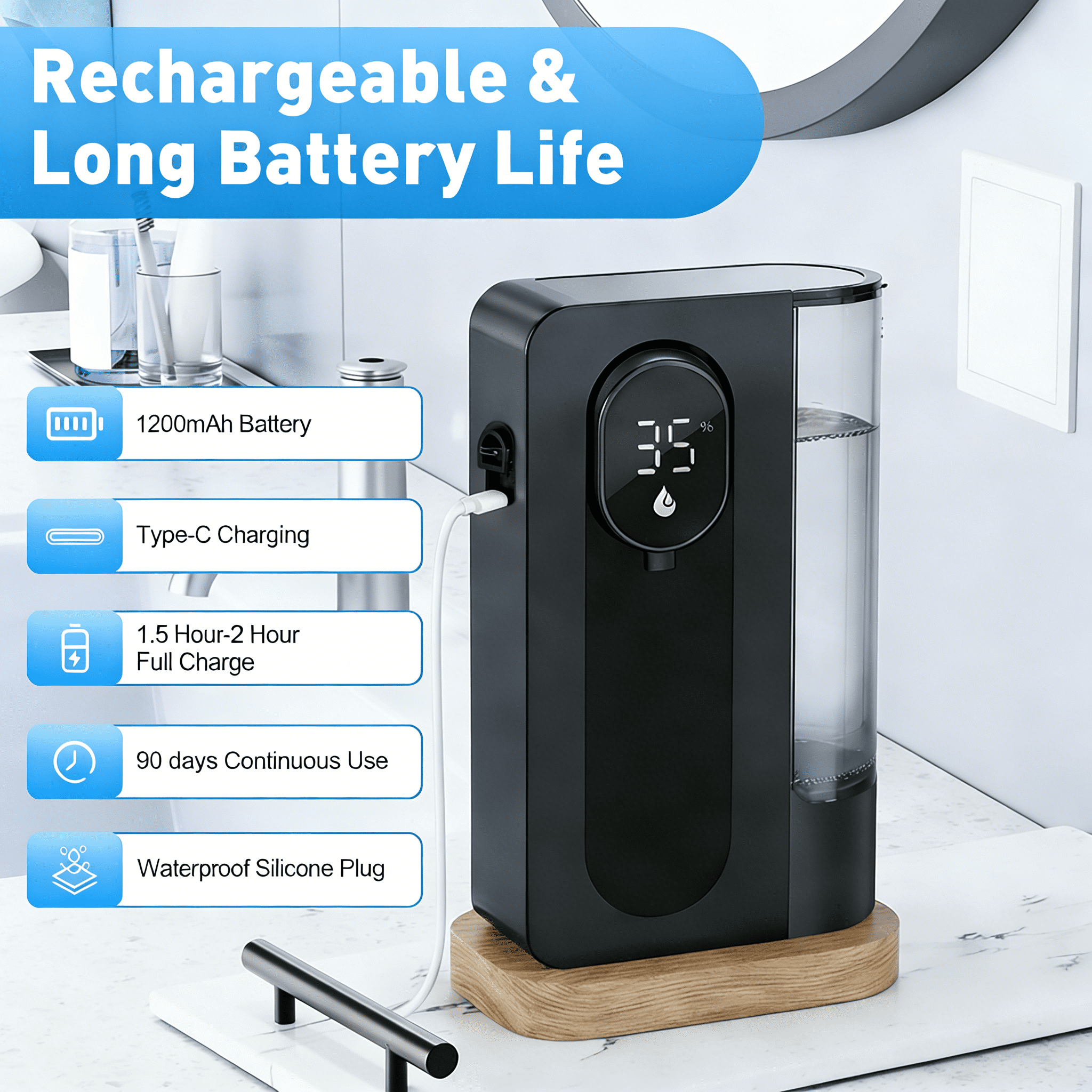WANALIT Automatic Soap Dispenser Touchless, 500ML Gel Hand Soap Dispenser for Kitchen & Bathroom Sink, Digital Display, 3 Adjustable Levels, Rechargeable Countertop Soap Dispenser, Black