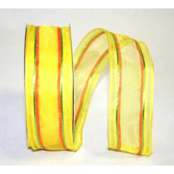 Wire Edged Stripe Song Sheer Yellow and Orange Spring Ribbon 1 1/2" 25 Yards