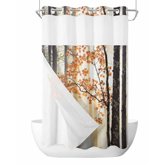 No Hook Shower Curtain with Snap-in Liner, Orange Botanical Tree Waterproof Fabric Bathroom Curtains, Farmhouse Forest Bath Curtains & Mesh Top Window Stand Up Stall Stand Up Stall 36"x72"