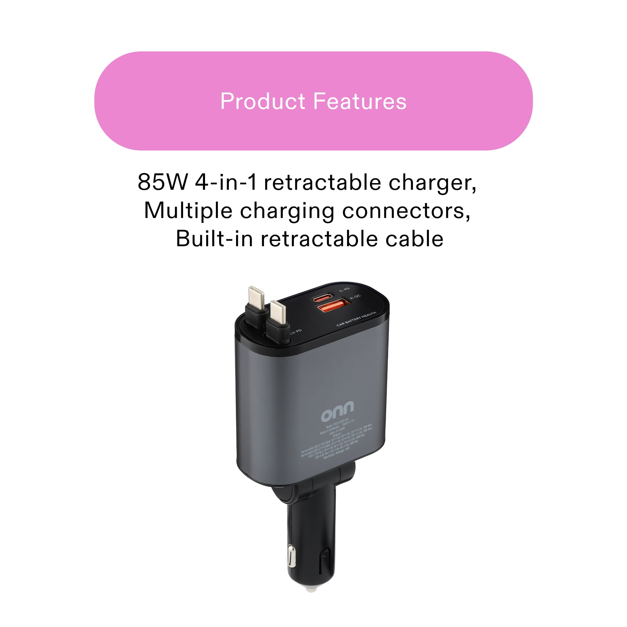onn 4-in-1 Fast Charge USB-C/USB Car Charger