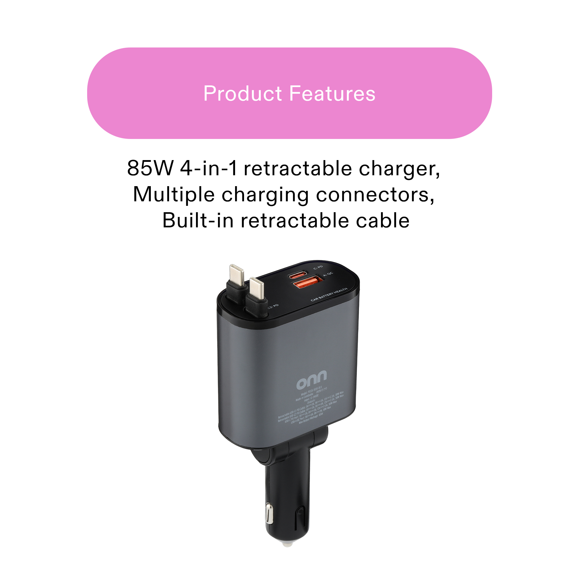onn 4-in-1 Car Charger with Dual Retractable USB-C Cables photo 3