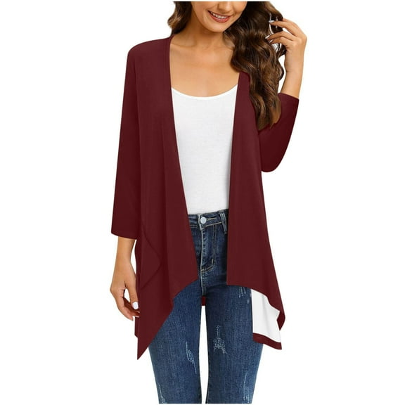 Timegard Womens Plus Size Cardigans 3/4 Sleeve Open Front Irregular Cardigan with Pockets Fall Clothes